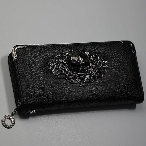Retro Black Long Zipper Wallet Skull Wristlet - Picture 1 of 11